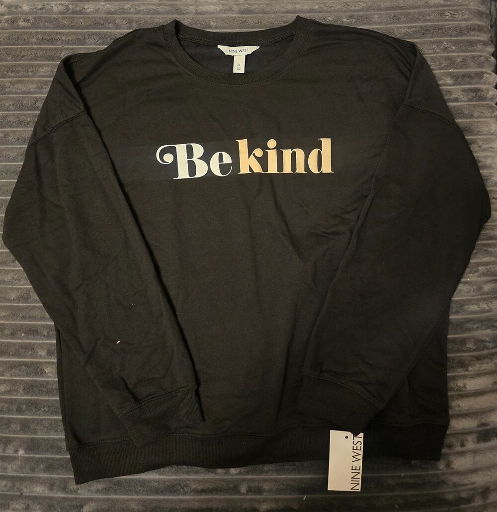 Nine West Black “Be Kind” Women’s Long Sleeve Thin Sweatshirt Size XL NWT